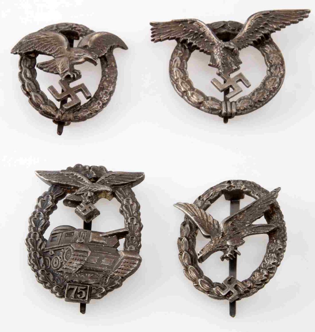 WWII GERMAN THIRD REICH LUFTWAFFE BADGE LOT OF 4: Lot contains four Luftwaffe badges. One Pilot badge, one Observer badge, one Air Gunner badge, and one Luftwaffe Panzer 75 Assault Badge. All are in good condition. Unauthenticated/Sold 'as is' This l