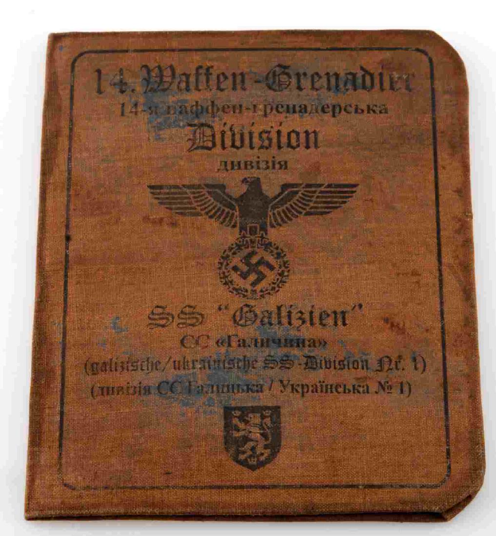 GERMAN WWII THIRD REICH AUSWEIS UKRANIAN VOLUNTEER: Ausweis of a Ukrainian Volunteer fighting in the 14th Waffen SS division 'Galizien'. Soiling present. Interior features hand written text and picture of soldier. G condition. Measures 4 1/2" x 5 1/8".