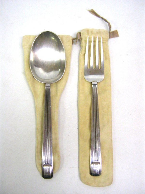 TIFFANY SERVING FORK & SPOON CENTURY STERLING: Tiffany & Co. sterling silver 9" spoon and fork with JLH monogrammed on handle, Century design, 7.2 ounces total.