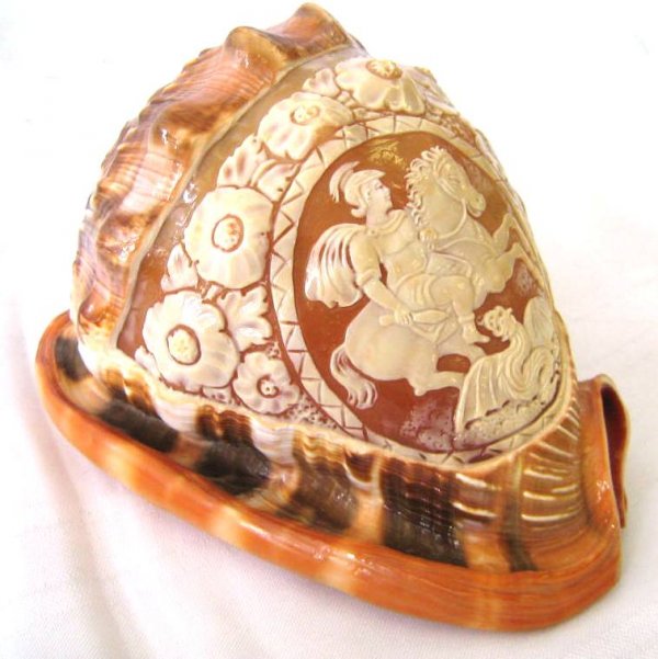 Italian Conch Shell Carved Floral Cameo St George