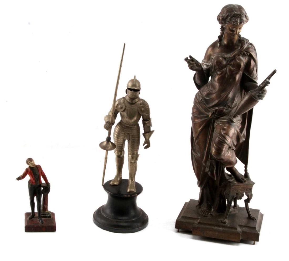 AUBERT BRONZE & SUIT OF ARMOR & VICTORIAN ACTOR: 3 Interesting figurines to include Pierre Aubert 16.5 inch bronze of Goddess, 1920's 14 inch suit of armor, and a most interesting painted figure on a marble stand measures 5.25 inches, possible actor