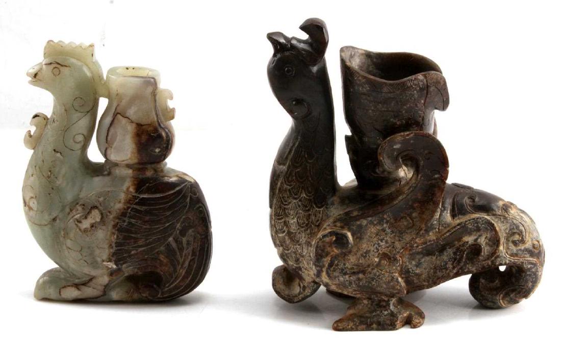 PAIR OF ANTIQUE ORIENTAL CARVED MARBLE PEACOCKS: Pair of Antique Chinese - Oriental marble or jadeite peacocks each individually carved using primitive techniques and methods free of modern power tool markings. Each of the peacocks are uniquely and 