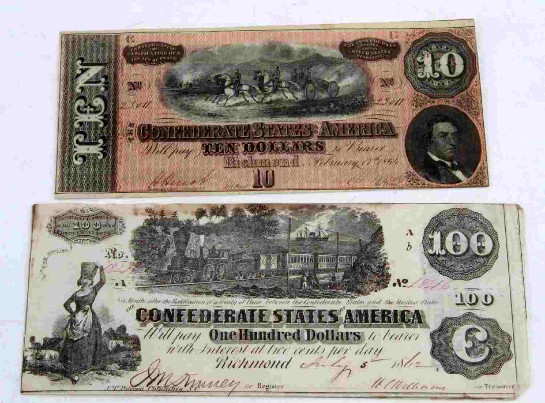CONFEDERATE STATES BANKNOTE LOT OF 5 $2.00 TO $100: Lot includes 1862 blank back $100 water stained otherwise AU , 1864 blank back $2.00 F, 2 1864 $10.00 and 1 $5.00 XF/AU all.