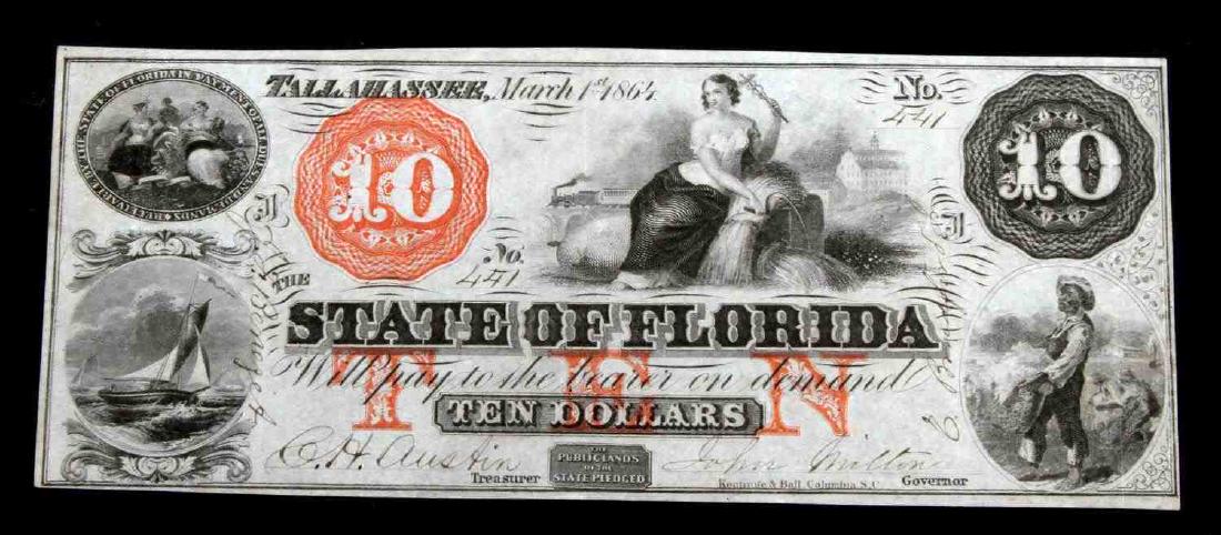 STATE OF FLORIDA TALLAHASSEE OBSOLETE CURRENCY $10: Nice uncirculated 1864 Milton signed $10 banknote, FLCR32