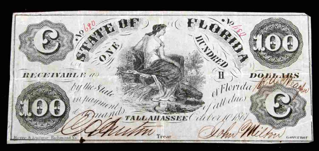 STATE OF FLORIDA TALLAHASSEE OBSOLETE CURRENCY 100: Very nice VF/EF S/N 680, Milton signed FL CR 2. pinhole and tear free. $100 denomination.