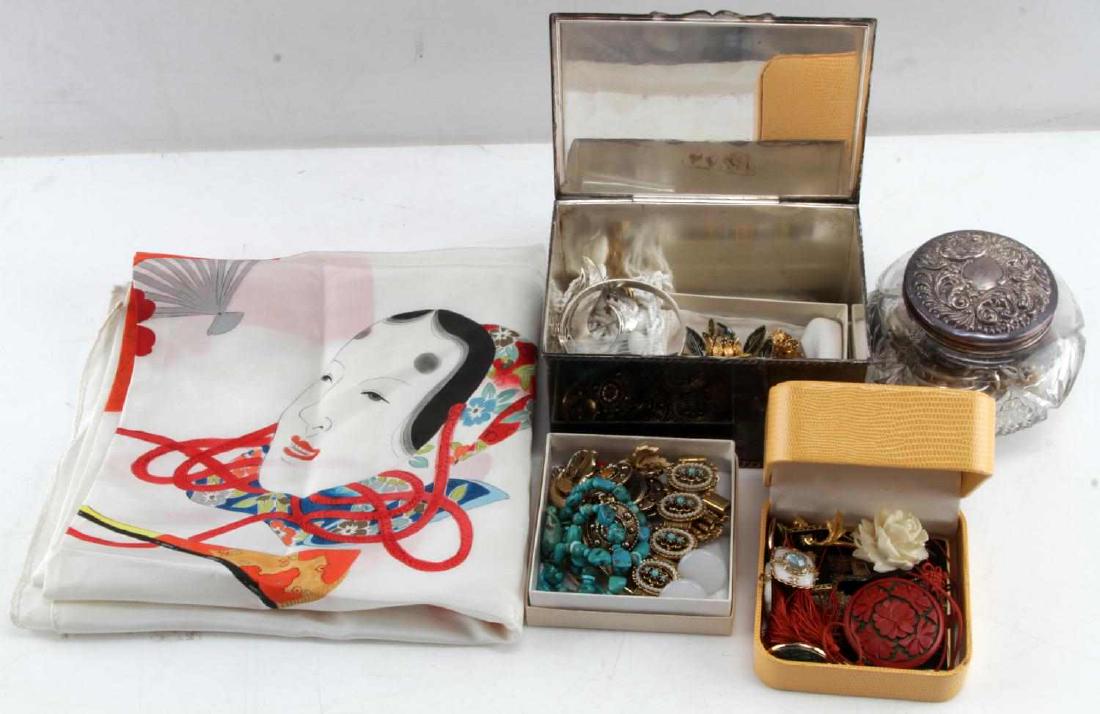 SILVER GOLD JADE TURQUOISE COSTUME JEWELRY LOT: Silver weight (140 grams), 10kt gold accents (2grams) Vintage jewelry and trinket box lot with an international flare. Themes range from the Irish Claddagh, Continental costume, Chinese Cinnabar and J