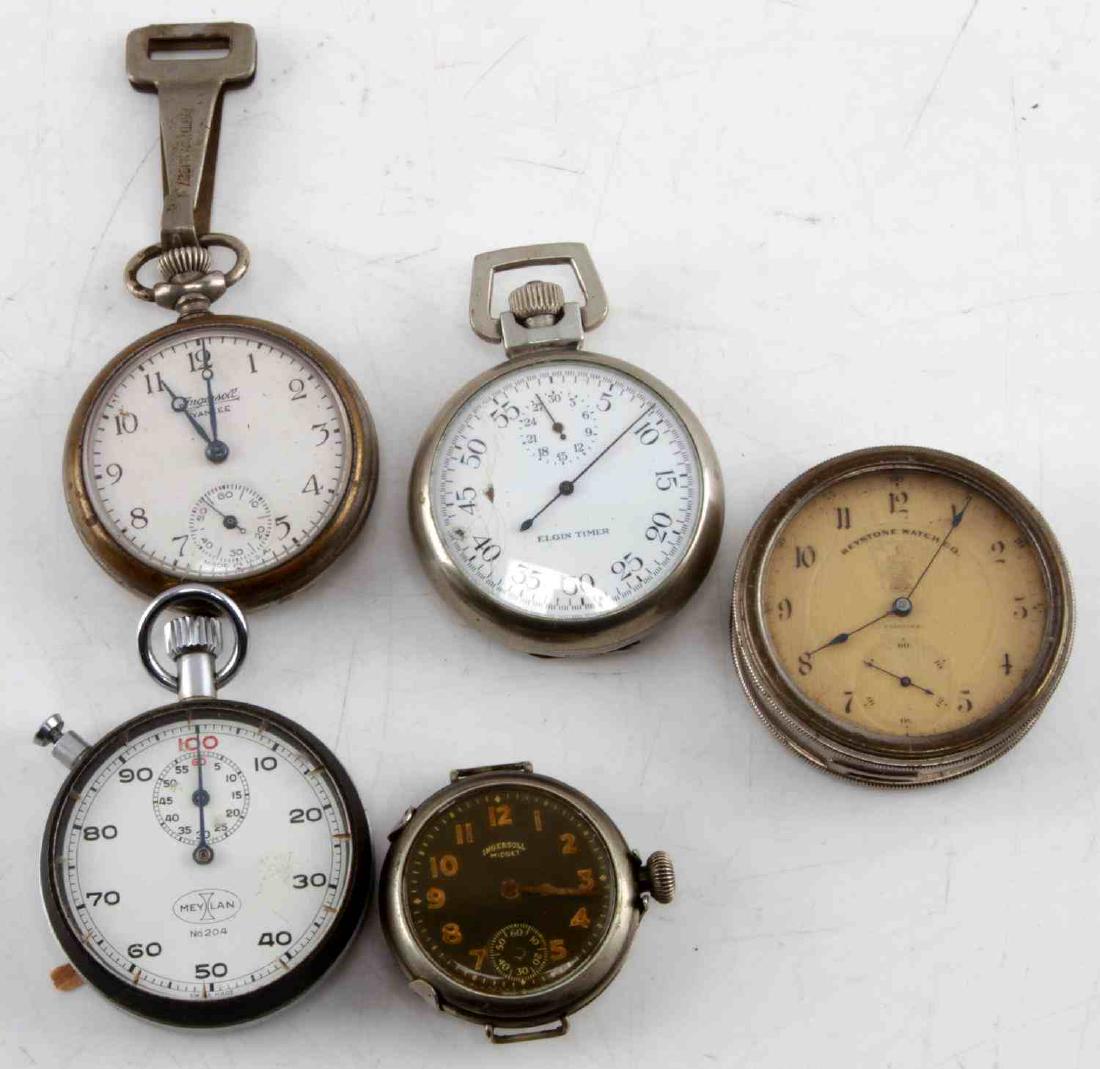POCKETWATCH LOT OF 5 ELGIN INGERSOLL KEYSTONE: The Keystone is movement in a period display, appears sound but we had no way to wind it, Mylan stopwatch works well ,Elgin Timer does not work, and neither of the Ingersoll. G3