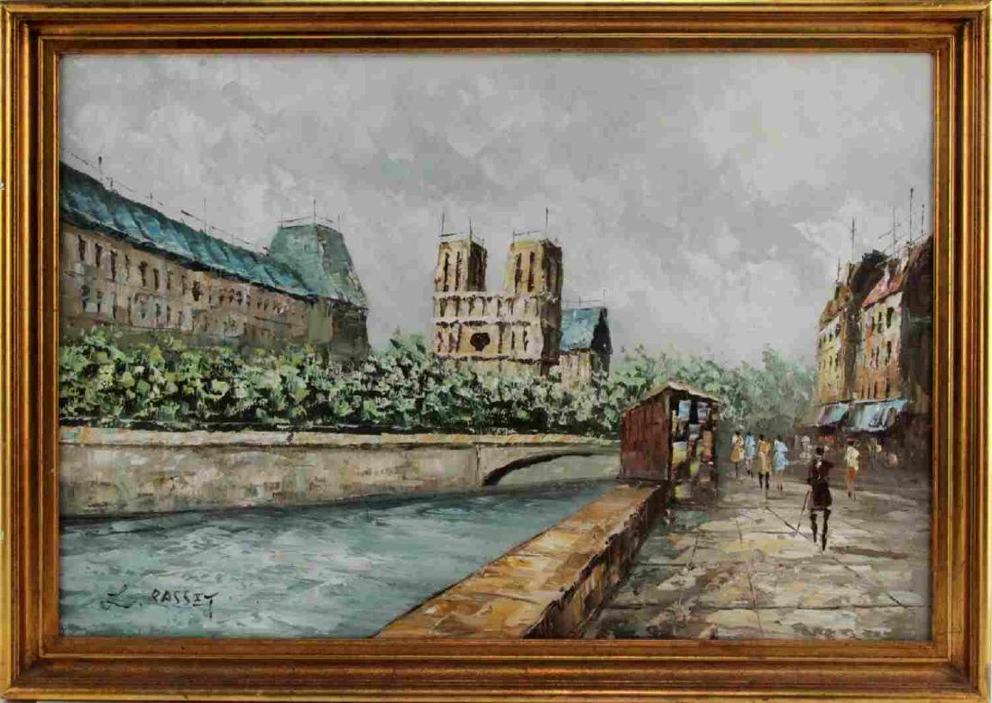 BASSET PARISIAN SCENE OF NOTRE DAME & PETIT PONT: LOUIS BASSET (1948-) listed artist, signed lower left. Oil on canvas, palette knife painting of Le Petit Pont featuring Notre Dame in the background. Measurements: image 24x36 inches, framed 28x40 inc