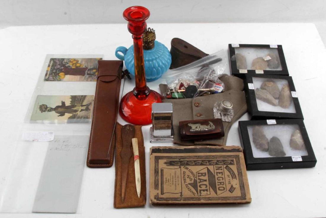 ASSORTED GENERAL ANTIQUE AND VINTAGE DEALER LOT: Dealers or collectors lot in fair to very good condition includes Black Americana, civil war era letter, Native American scrapers, mid century red glass candle stick and 19th and 20th century accessor