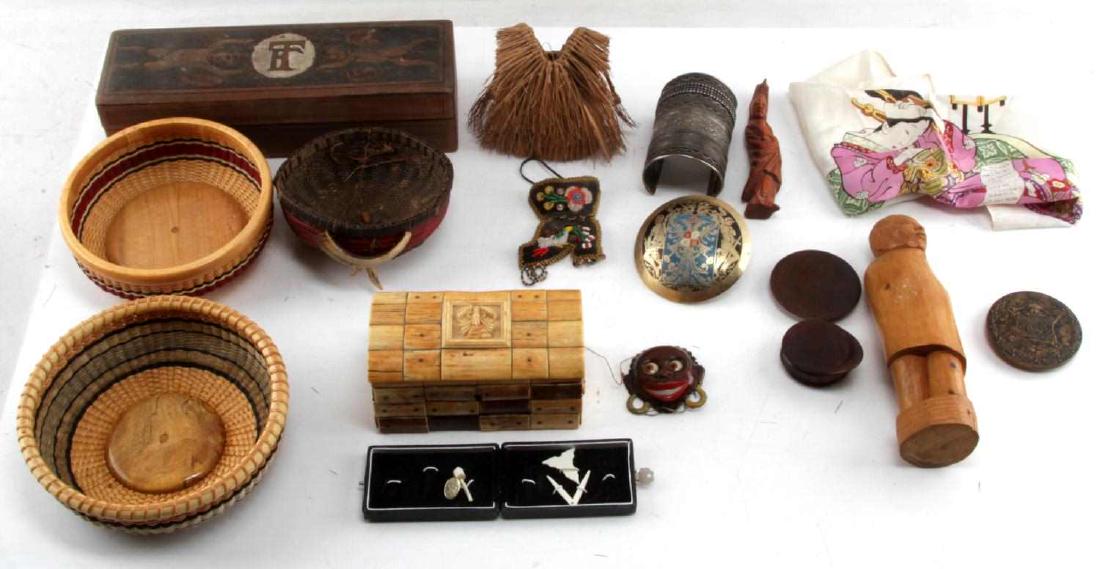 ANTIQUE & COLECTIBLE LOT ADVERTISING INDIAN SNUFF: Partial listing includes signed Ruiz Native American in blanket carved wood 9 inch figure, Penn leather Company presentation table medal, Masonic box with tiny jewels, Wood military hat snuff box, Bla
