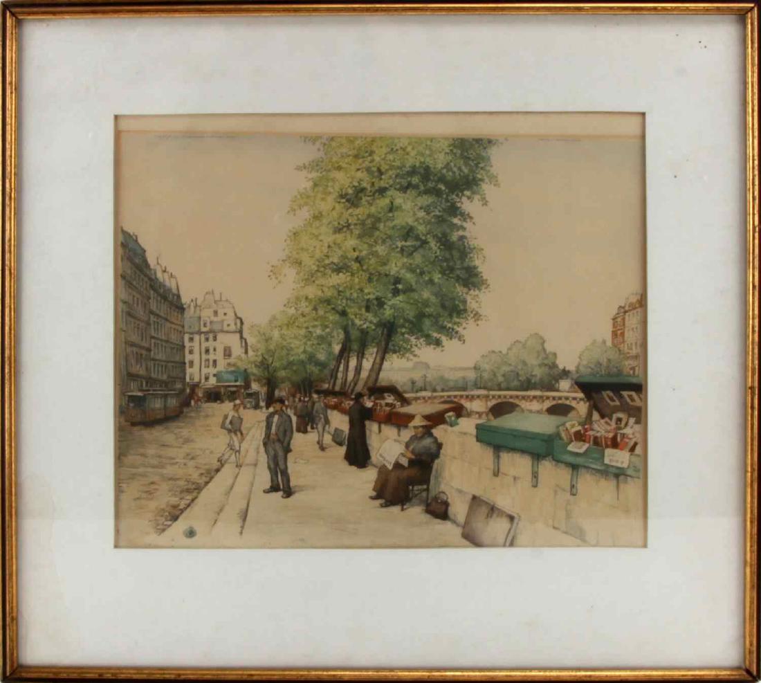 T.F. SIMON AUQUATINT EARLY 1900 PARIS STREET SCENE: TAVIK FRANTIŠEK ŠIMON (1877-1942) Czech artist, illustrator and printer. Paris street scene of the booksellers along the Seine. Signed in pencil, lower right, numbered 78/350. In very good condition
