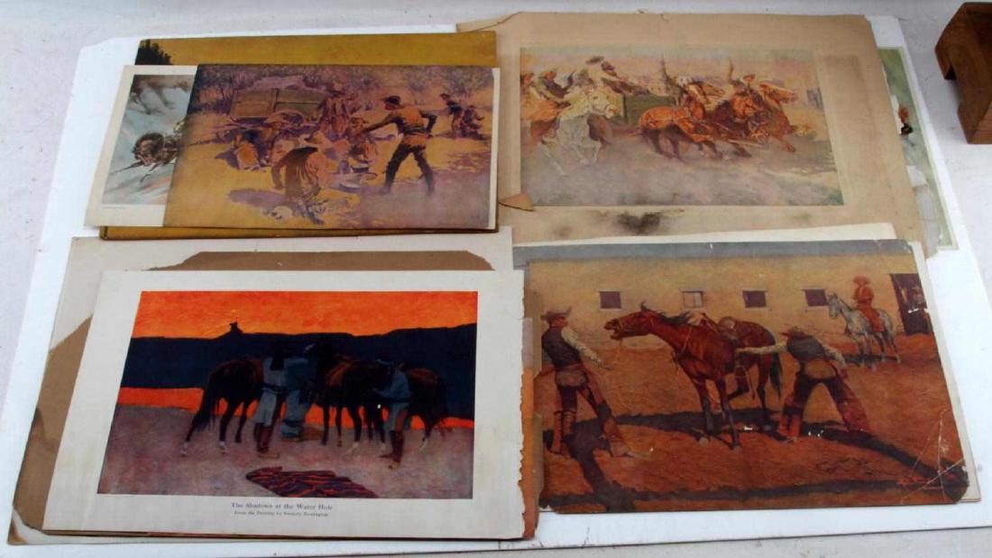 21 1900S FRONTIER PRINTS FREDRICK REMINGTON & MORE: Most printed in 1900-1910, this lot contains 10 prints of Frederick Remington and 2 from works by Philip Goodwin. These prints vary in size and condition from fair to good with some stains, tears, cre