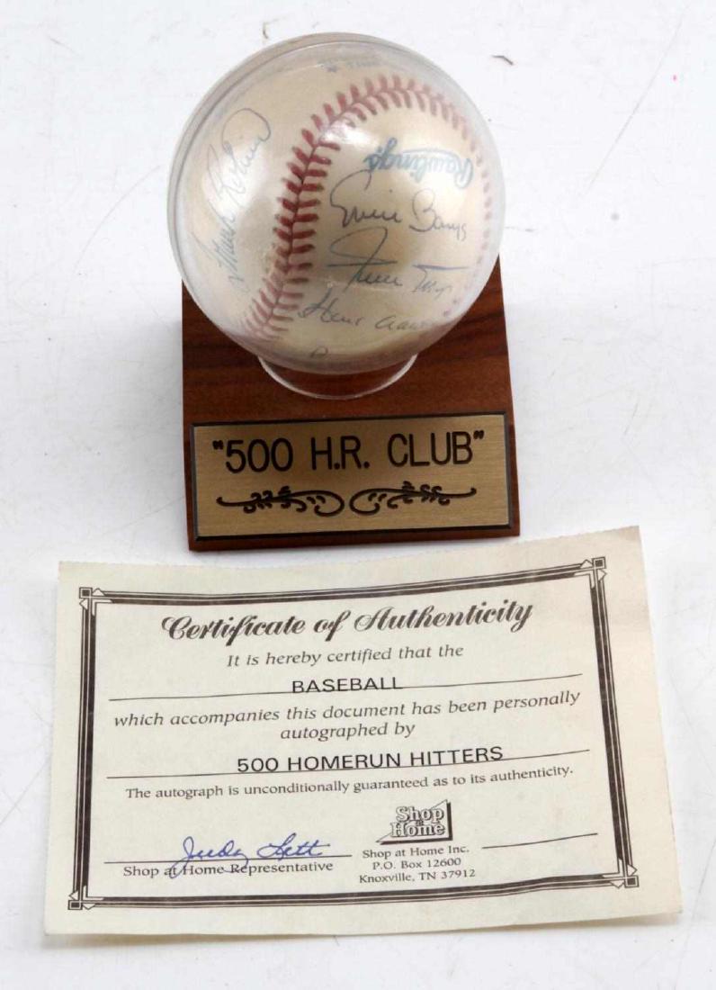 500 HOMERUN CLUB SIGNED BASEBALL AARON MANTLE COA: Signed baseball of the top home run hitters including: Hank Aaron, Willie Mays, Mickey Mantle, Reggie Jackson, Ted Williams, Eddie Matthews, and more. 11 autographs total. Ball is wrapped in plastic a