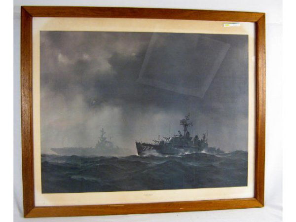 SUDDEN SQUALL BATTLESHIP SCENE ROBERT G SMITH ART: One Framed print by Robert G Smith Titled "Sudden Squall" Depicts what appears to be WWII Battle ships 727 and 43 caught on rough seas. Frame is 47" by 39" the Picture is 40" X 30"
