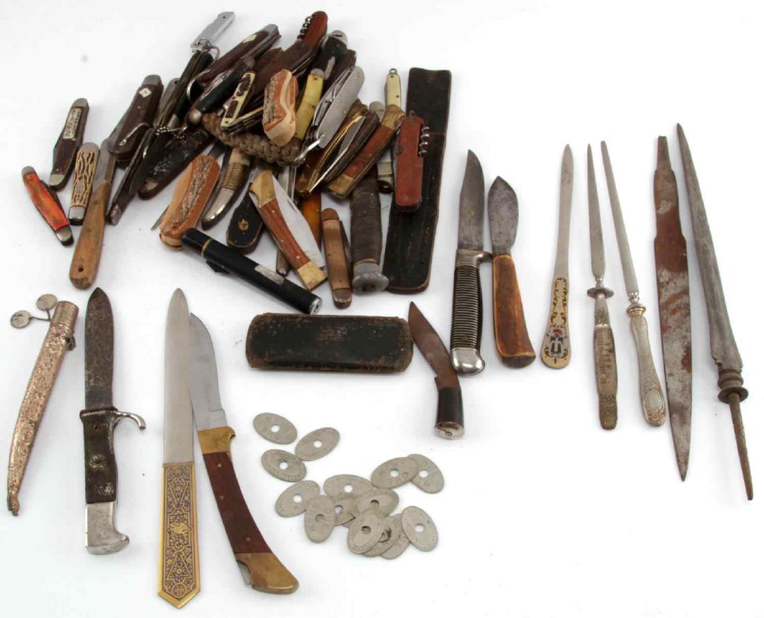LOT OF OVER 35 ANTIQUE KNIVES & LETTER OPENERS: Lot includes pocket pen switch blade, case pocket knives, miniature sword letter openers and more. Items vary in condition but are generally good. Surface rust, and minor wear damage is common. G3