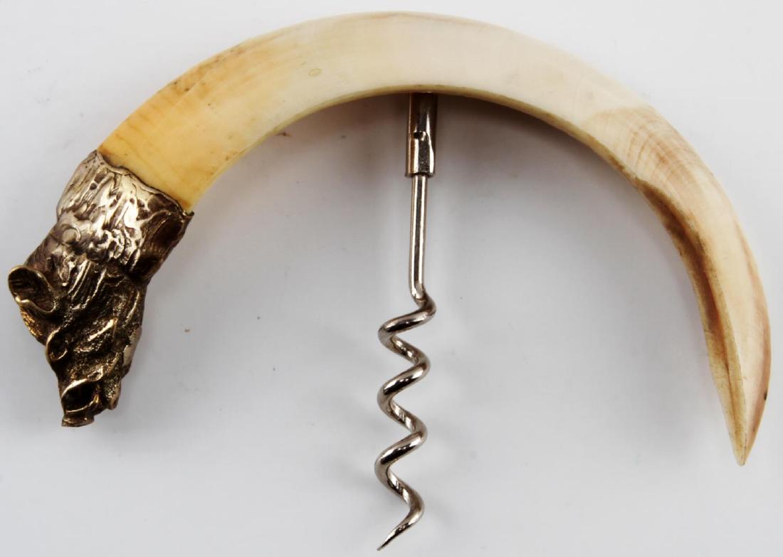 BOAR TUSK & SILVER ANTIQUE CORKSCREW.: Test for .800 silver, along the curve measures 9 inches.