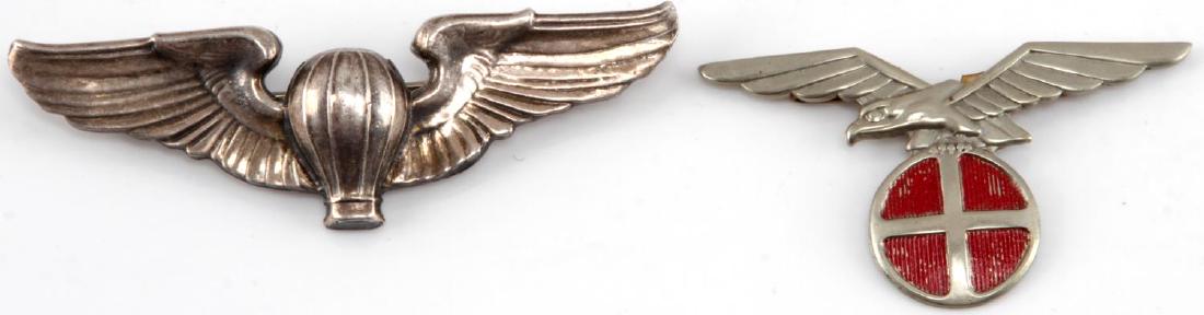 WWII US BALLOON WING & NORWEGIAN EAGLE CAP BADGES: Medals are in great condition and do not show signs of damage or use outside of normal aging. Balloon badge is stamped sterling silver S. Meyer Inc. New York. Norwegian badge is a pith and is meant to