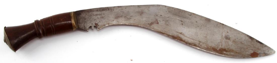 VINTAGE TO ANTIQUE NEPALESE KUKRI GURKHA KNIFE: Vintage to antique Gurkha or Kukri knife from Nepal , the knife measures 16 inches in total length with the blade measuring 12 inches. The blade bears patination consistent with vtg to antique aging. 