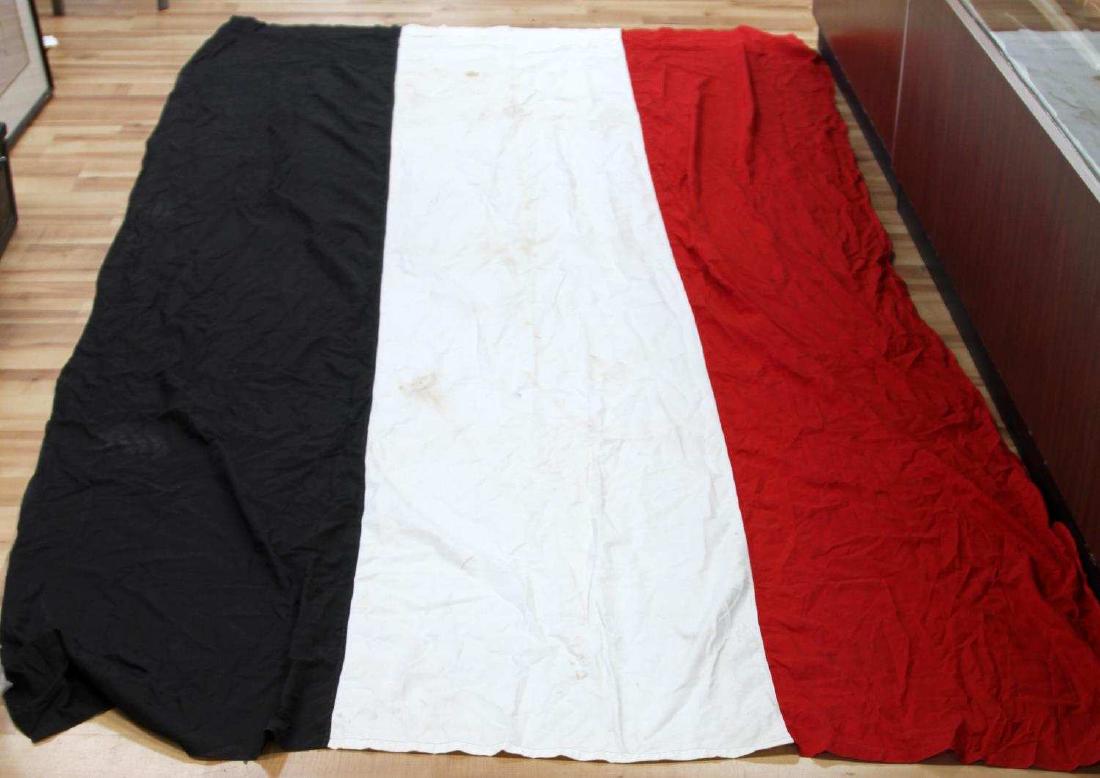 WWII GERMAN NATIONAL RED WHITE BLACK NATIONAL FLAG: Measures 129 by 74 inches, hangs length wise, some light mothing and some staining, short lived non swastika pre WWII national flag. F130
