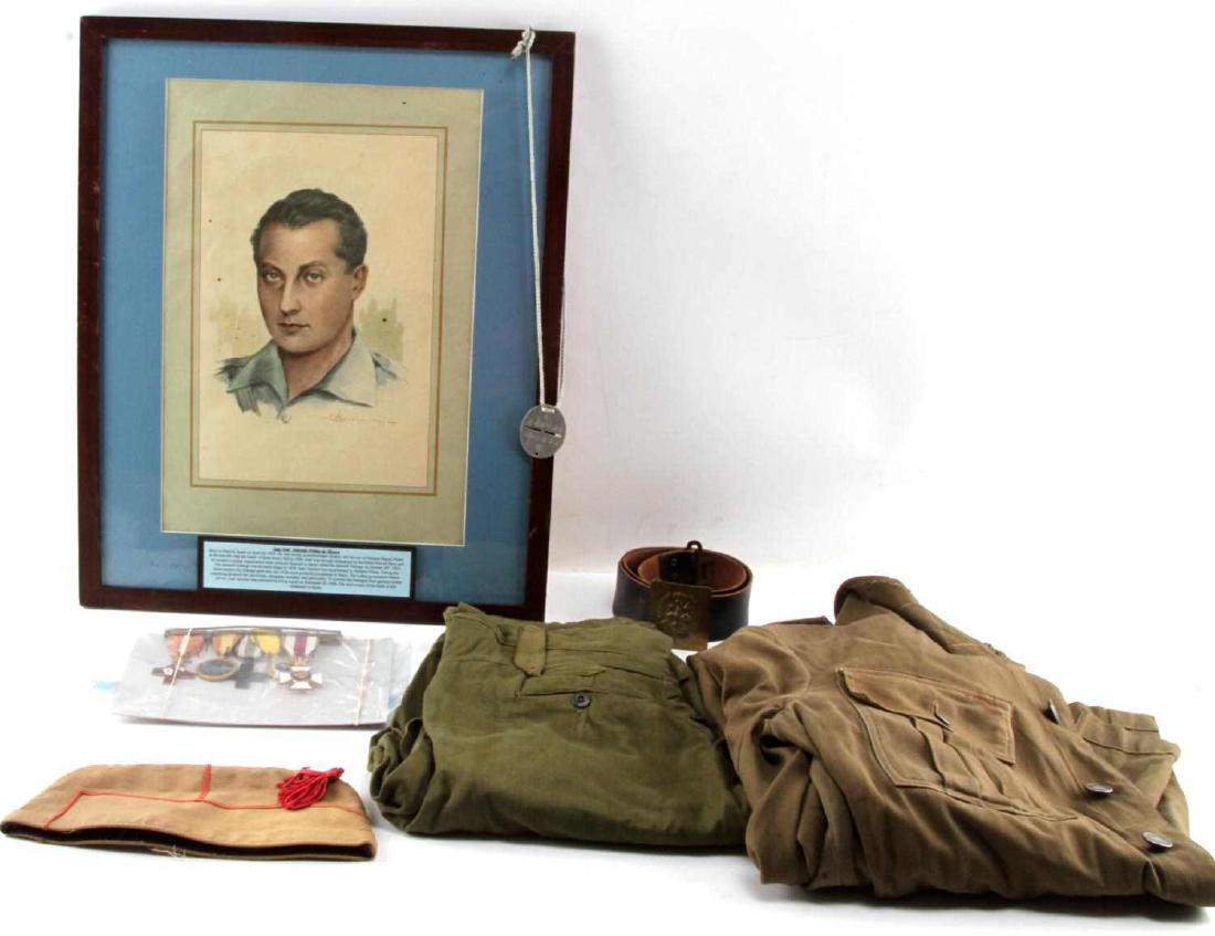 SPANISH CIVIL WAR UNIFORM MEDAL AND PICTURE LOT: Lot contains a tunic, trousers, side cap, ribbon bar, and belt of a Spanish Civil War Francoist soldier. Also includes a framed photo of Falangist martyr Jose Antonio. All are in very good condition