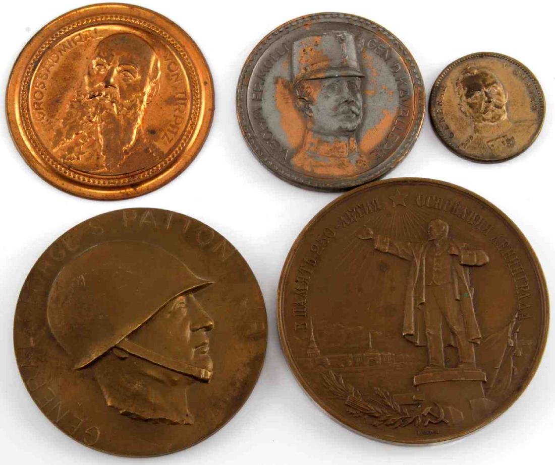 LOT OF 5 MIXED CONFLICT MILITARY TABLE MEDALS: Includes Grossadmiral Von Tirpitz, General George S Patton Jr Remembrance Day 1945, General V. Emmich, Lenin table medal, and V. Bohm Ermolli Gen D. Kavallerie. All in VG condition. G3