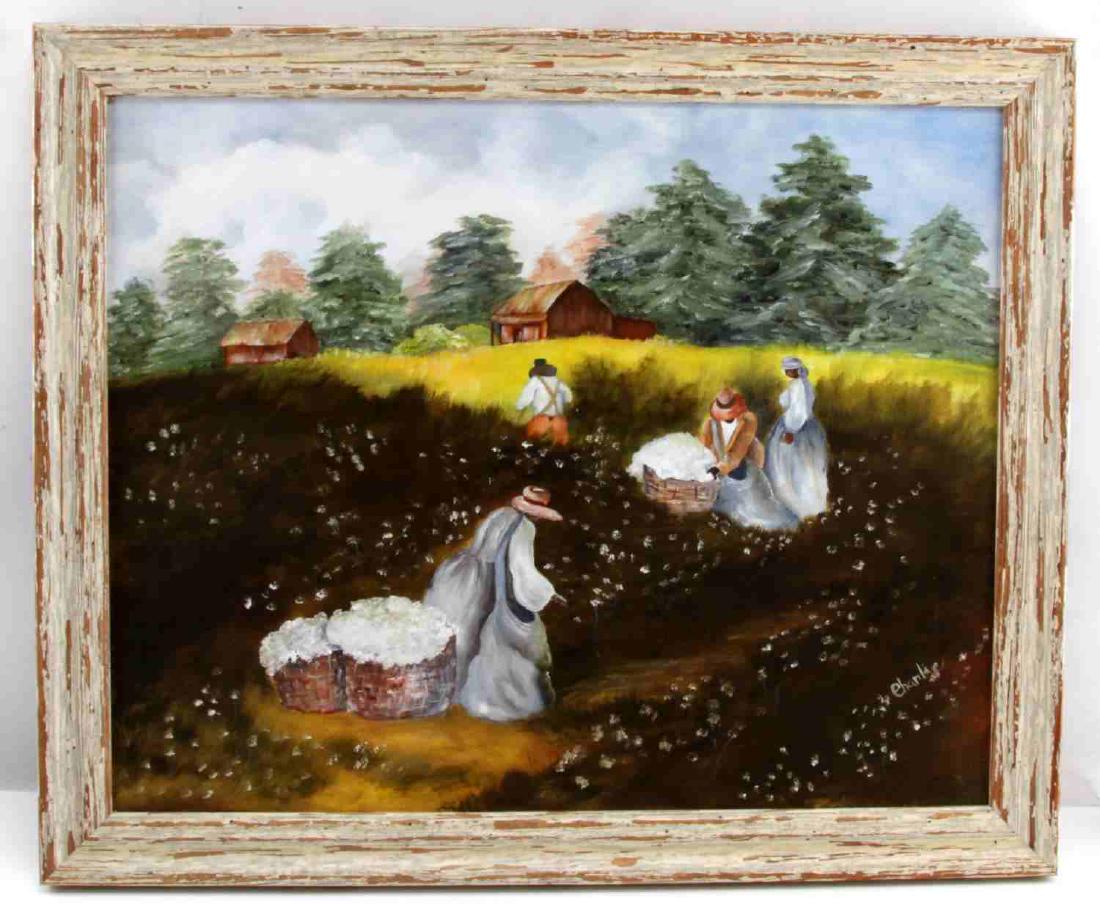 OIL ON CANVAS PLANTATION FLORIDA ARTIST CHARLIE: Professionally framed, cotton by hand harvest scene, frame 22 by 18 inches, 19 1/2 by 16 1/2 inches painting, signed Charlie lower right, very good original condition.