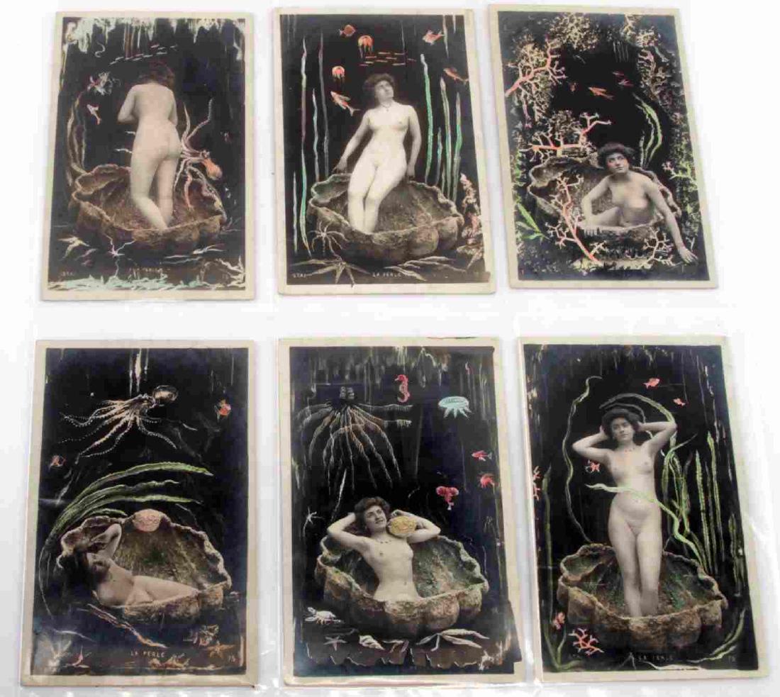 1920'S FRENCH FULL NUDE RISQUE POSTCARD PHOTO ART: This lot includes 6 nude risque French postcards featuring the same model in each. Woman is posing in aquatic background. Cards are in very good condition showing no signs of damage or wear outside of