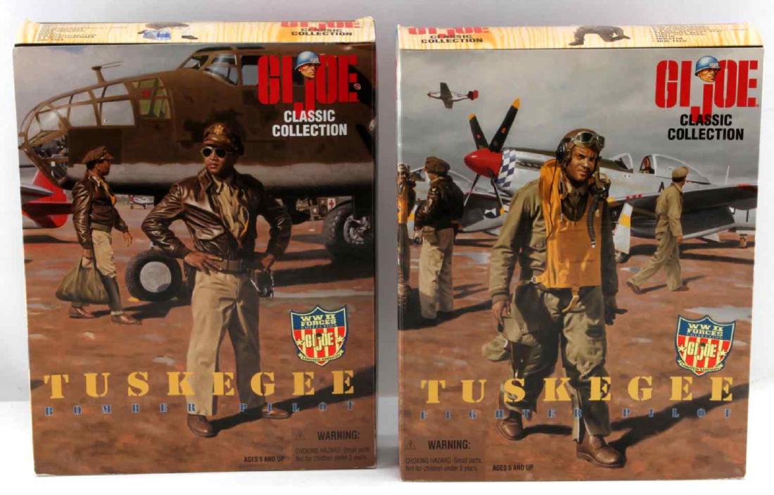 GI JOE WWII TUSKEGEE AIRMEN BOMBER PILOT & FIGHTER: This lot contains the 1990s WWII edition GI Joe Tuskegee bomber and fighter pilots. Both toys are in great condition and show limited signs of use.
