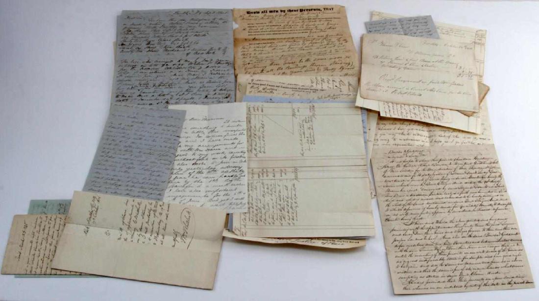 19TH CEN COLLECTION OF DOCUMENTS STAMPLESS LETTERS: A early as 1807 land transfer, Grave marker expenses, letters dating 1830's with all manner of details, letters from Yale college 1835 written on a stampless letter, other stampless letters, and more
