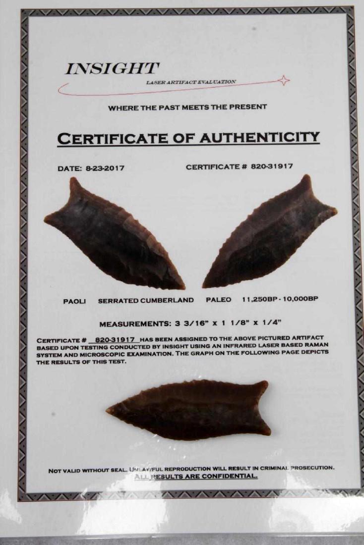 PALEO LITHIC CLOVIS POINT ARROWHEAD W COA: This Clovis point is a Serrated Cumberland, is medium-large size, auriculate, heavily fluted, with concave ground base, and with perfect ears. It comes with certificate of authenticity, is grade 10, a