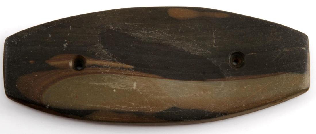 NATIVE AMERICAN WOODLAND SLATE GORGET ARROWHEAD: This is a fine 5" x 3" "shuttle" gorget with 2 conically drilled holes. It is made of mottled grey and brown slate and has a good polish. Very good condition --slight scuffs and scratches on obverse s