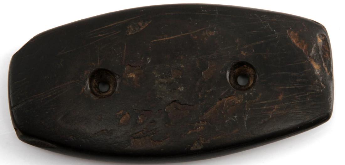 NATIVE AMERICAN WOODLAND SLATE GORGET ARROWHEAD: This is a nice 4 and 7/8 x 2" and 7/8" "shuttle" gorget with 2 conically drilled holes. It is made of mottled black slate and has a good polish. Good condition --scuffs and scratches present on both s