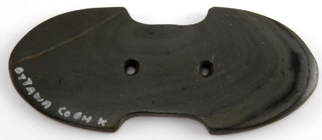 NATIVE AMERICAN WOODLAND SLATE GORGET ARROWHEAD: This is a nice 4 and 1/2" x 1 and 7/8" "indented" gorget with 2 conically drilled holes. It is made of mottled green slate and has a good polish. Good condition --scuffs and scratches present on both