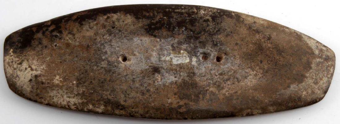 NATIVE AMERICAN WOODLAND SLATE GORGET ARROWHEAD: This is a nice large 6" x 2 and 1/8" gorget with 2 small conically drilled holes. It is made of mottled black and brown slate and has a good polish. 1 partially drilled hole was drilled then abandoned