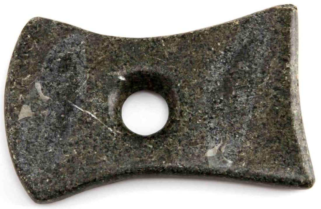 NATIVE AMERICAN WOODLAND SLATE GORGET ARROWHEAD: This is a nice medium sized 3 and 5/8" x 2 and 3/8" biconcave "bow tie" gorget with 1 very large conically drilled hole. It is made of black and grey slate and has a good polish. Very good condition w