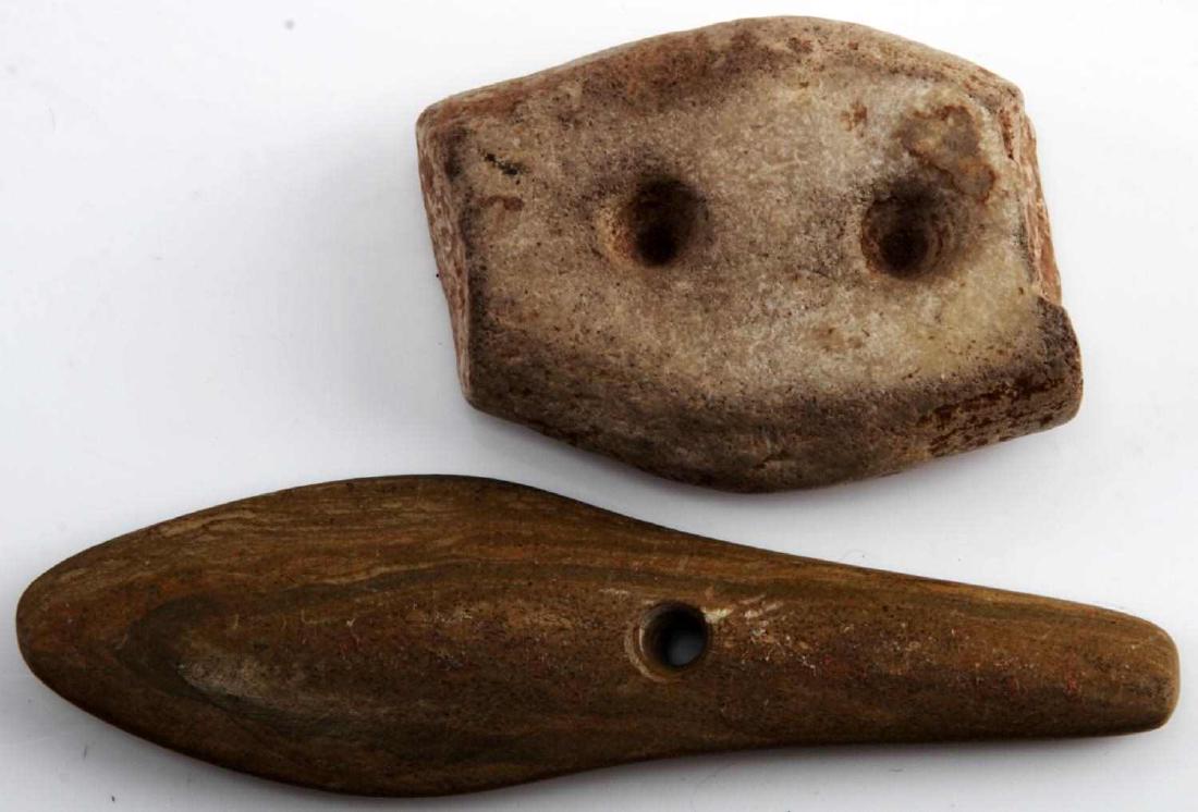 2 NATIVE AMERICAN WOODLAND SLATE GORGET ARROWHEAD: These are nice small 2 and 1/4" to 4 and 3/8" "shuttle" and spud gorgets with conically drilled holes. The smaller gorgets holes are not fully borne out. They are made of brown and tan slate with good