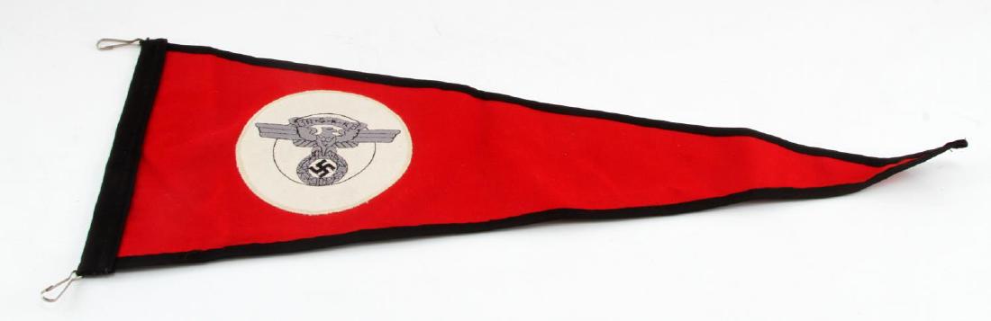 GERMAN WWII NSKK MOTORCYCLE KORPS OFFICERS PENNANT: Measures 21 5/8" in width by 8" tall. Black cotton bunting reinforcement on one end. Multi piece Bevo embroidered cotton machine sewn construction. Double sided. Unauthenticated/Sold 'as is'