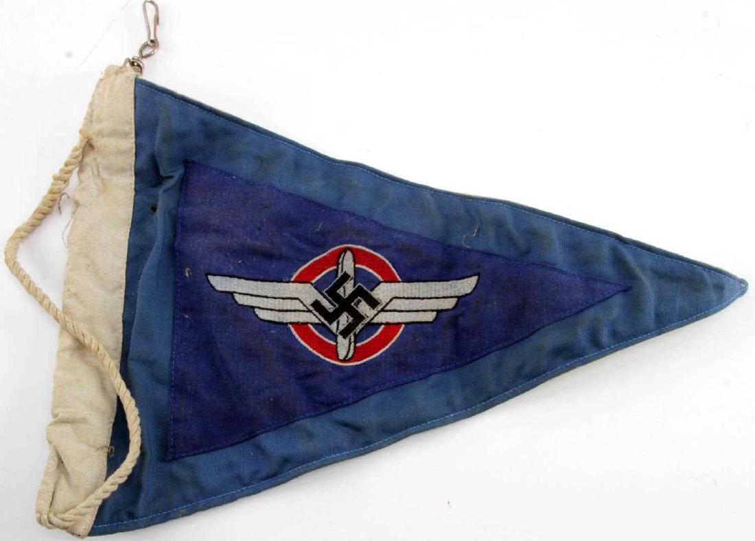 WWII GERMAN THIRD REICH DLV NSFK PENNANT FLAG: Early DLV/NSFK pennant with blue FLV insignia on 1 side and NSFK Icarus emblem on the other. Measures about 13 inches long. In very good condition. Does not fluoresce under blacklight. This lot has a 
