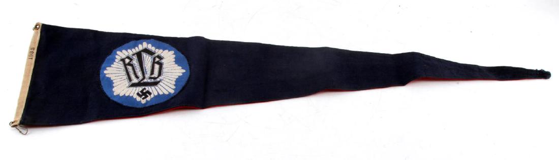 GERMAN WWII RLB & PARTY SWASTIKA PENNANT 1935: German WWII RLB & party pennant. Dated 1935. Multi piece sewn cotton construction. With original hangers. Measures 26" x 6 5/8". F124.