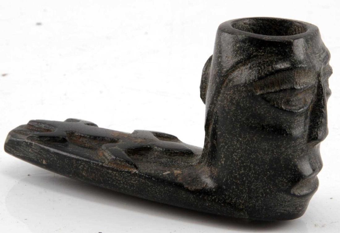 HOPEWELL SITE RUSS CO. OH. BLACK STONE INDIAN PIPE: Has early tag identifying this a s from " Ohio- Ross Co. Hopewell site Smith Fork River", measures 3.75 by 2 inches, very good free of damage condition. 90