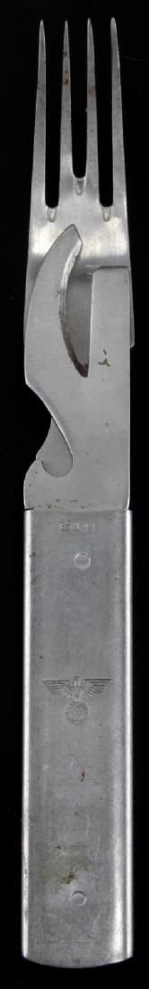 WWII GERMAN THIRD REICH SILVERWARE MESS WARE: This is a fork and can opener "mess ware" set with NSDAP eagle and swastika present on both the obverse and reverse sides. It is also make marked "ESM 41" and "GAG 42" on the reverse side. Measures 8 