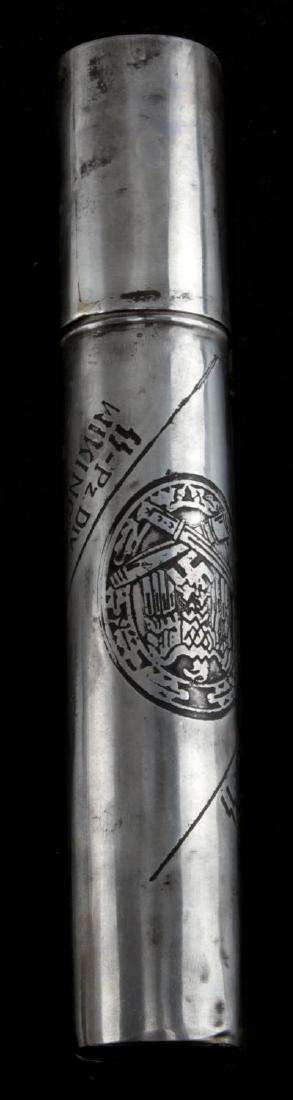 GERMAN WWII WAFFEN SS PANZER DIVISION CIGAR CASE: German WWII Waffen SS Panzer Division 'Wiking' cigar case. Measures 6 3/4" in length. Marked 1942 on top of cap accompanied with eagle. Light tarnishing on exterior, corrosion on interior, VG conditio