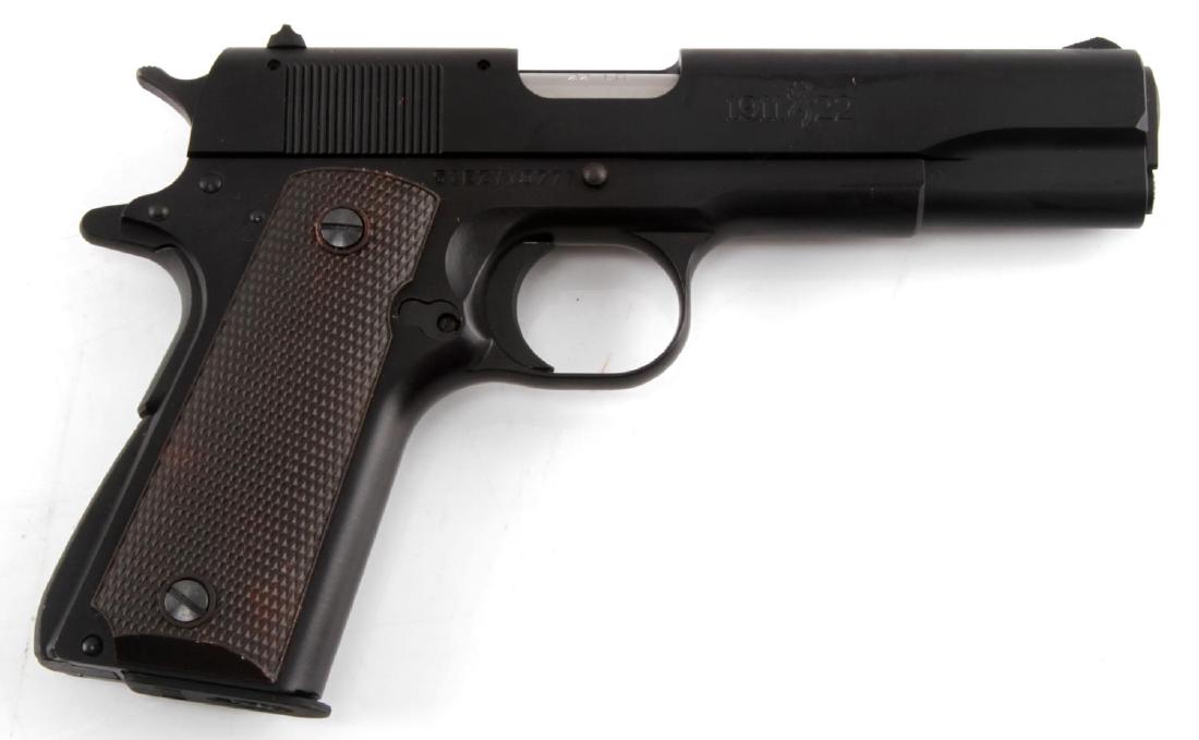 BROWNING MODEL 1911 22 SEMI AUTO PISTOL W HOLSTER: 100th Anniversary pistol in .22 Long Rifle caliber. All black steel with brown checkered plastic grips. Maker marked to left side, model and serial no. to right side. Comes with extra magazine, Browni