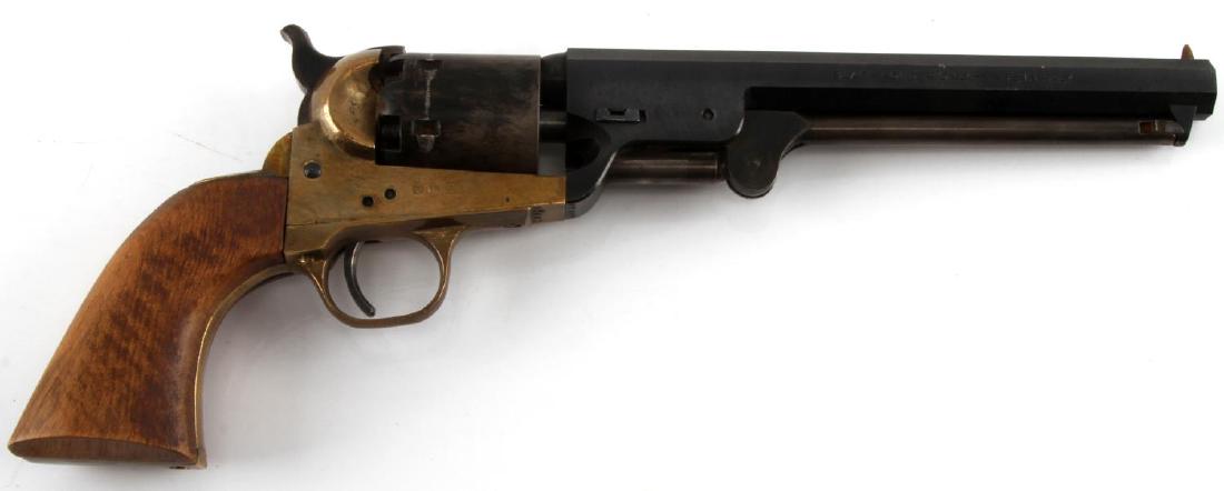 ITALY BLACK POWDER PERCUSSION .36 CAL REVOLVER: 7.5 inch octagon ridged blued steel barrel, bright and clean bore, PN proof marks to right side frame and cylinder, lighter gray patina to cylinder, brass frame and trigger guard, fixed front sight, m