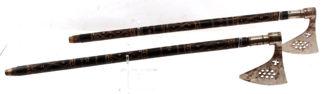PAIR OF VINTAGE TO ANTIQUE VIKING STYLE NORDIC AXE: Pair of vintage to antique Viking style Nordic axes both of which measure 25 inches in total length while the axe blades alone measure about 5 inches in length. Items are in good condition with no sig