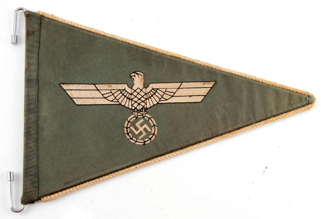WWII GERMAN THIRD REICH ARMY OFFICERS CAR PENNANT: 13 x 9 inch pennant in green canvass with white rope edging and eagle and swastika, embroidered to both sides over a metal frame. Minor staining, VG condition. F127
