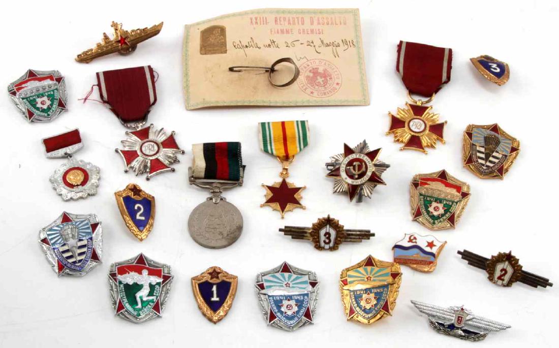 USSR & WWI TURKEY MILITARY LOT OF MEDALS PINS RING: Misc lot of Soviet Union military DUI pins, three (3) Soviet Union uniform ribbons, one (1) Soviet Union hat badge and a Turkish commando ring inscribed with "1914-1915" with the presentation card dat