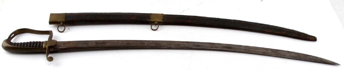 ANTIQUE BRASS STIRRUP GUARD LIGHT CAVALRY SABER: Light cavalry saber with a brass stirrup guard and leather scabbard. Appears similar in form to a British Model 1796 Light Cavalry Saber, though it lacks any notable maker marks or government marks, t