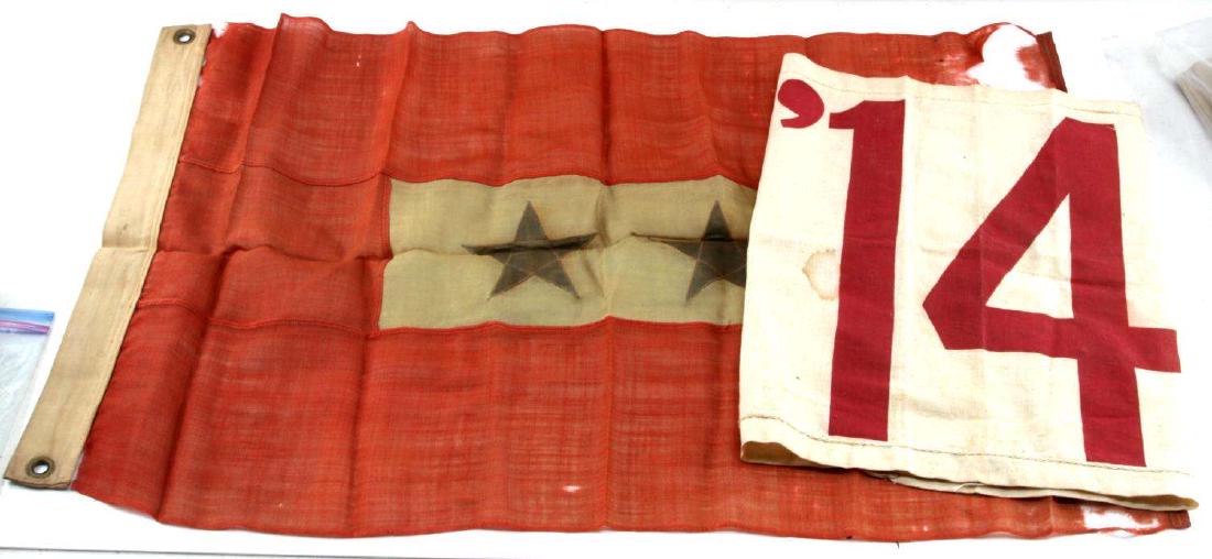 WWI US MILITARY SON IN SERVICE FLAGS: Two WWI US military flags. First flag is a US Son in Service flag with two stars, measures 23 x 36 inches. Second is a WWI US military flag that is white with a red number 14 (possibly 1914), measures