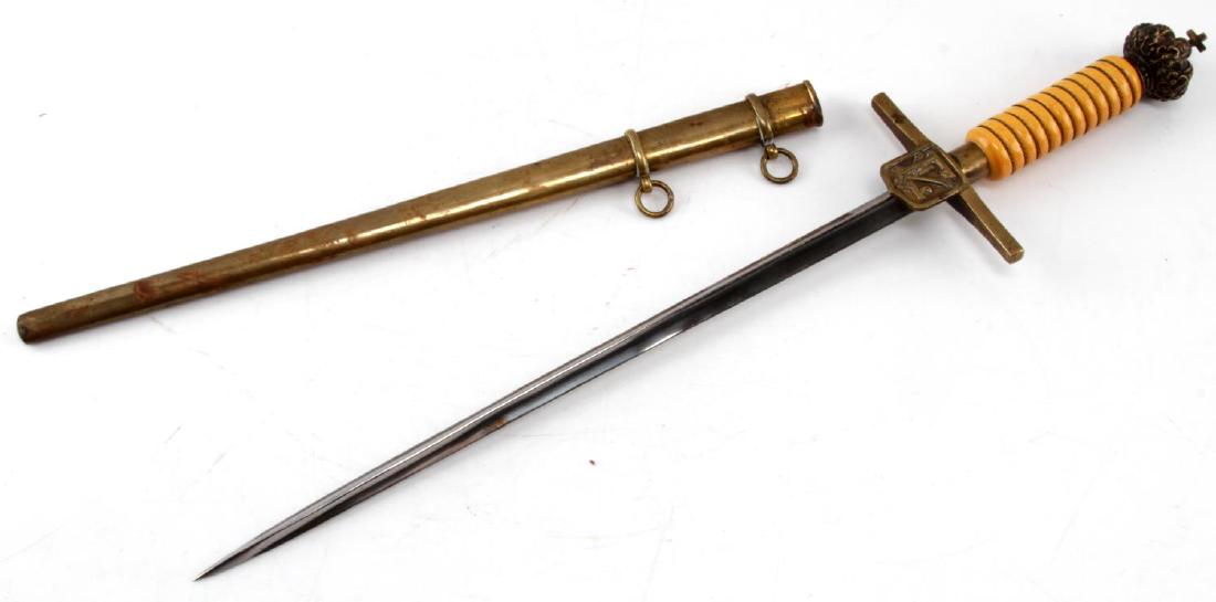 WWI WWII IMPERIAL CROWN POMMEL UNKNOWN DAGGER: Unrecorded dagger with Imperial crown over Bakelite wired grip, unmarked trefoil blade, lettered characters at cross guard, cross over crown serves as bolt holding crown and grip to unmarked tang nice